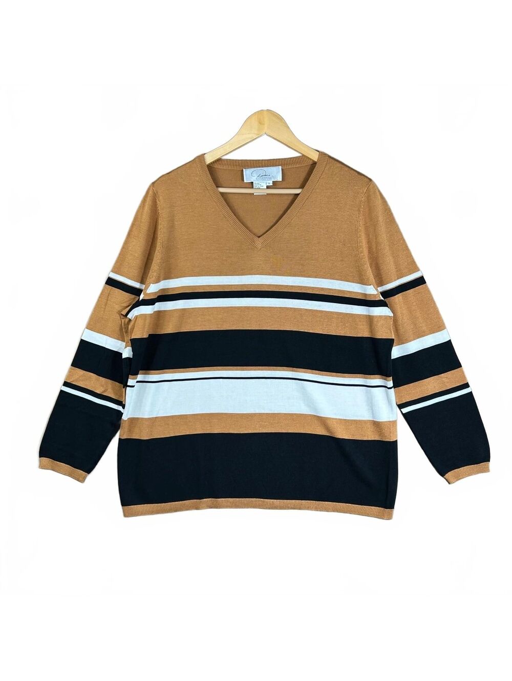 Diane Gilman Casual Chic V-Neck Silk Sweater Tan Stripe Long Sleeve Womens 1X